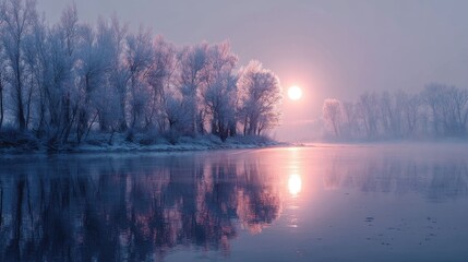 Fototapeta premium Ultra quality image of serene winter landscape with misty trees and a glowing sun reflecting on calm water.