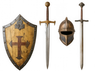 Medieval Knight Armor Set with Shield Helmet and Swords on Transparent Background