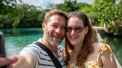 Fototapeta premium Joyful couple taking a selfie by a serene lagoon, surrounded by lush greenery.