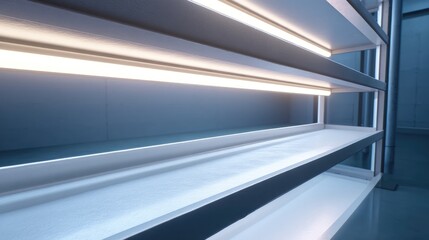 Modern, illuminated shelving unit with multiple tiers.  Clean, minimalist design
