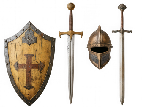 Medieval Knight Armor Set with Shield Helmet and Swords on Transparent Background