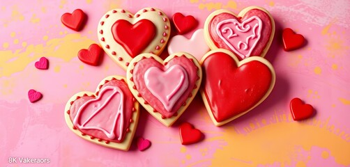 Fototapeta premium Heart-shaped cookies, decorated with icing, arranged on a vibrant background Valentine's Day treats, hearts, confectionery