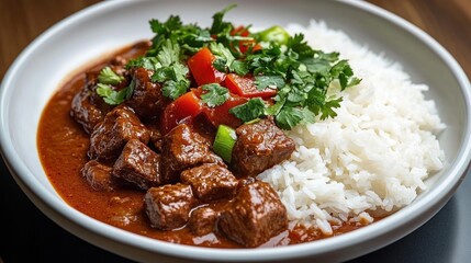 Plate of savory beef stew with chunks of meat in rich brown sauce served with steamed white rice and garnished with fresh cilantro and diced red bell peppers