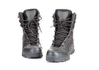 Black hiking boots with rugged design, front view, isolated on white background. These durable...