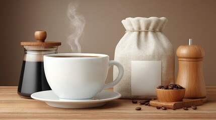 Fototapeta premium Elegant coffee cup with a stylish bag of coffee on a clean background perfect for customizable label mockups