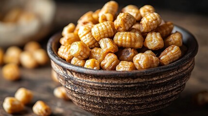 Close-up of a rustic ceramic bowl filled with golden roasted chickpeas on a dark wooden surface with additional chickpeas spilled around, emphasizing healthy snack options.