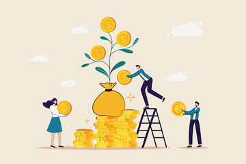 Mutual fund, investment growth or wealth management, financial profit or earning from stock market, savings and growing money concept, people put money on mutual fund with money growing sprout.
