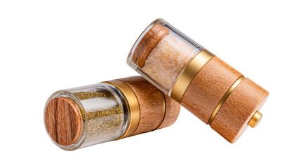 Stylish salt and pepper grinder set with wooden and glass design on transparent background