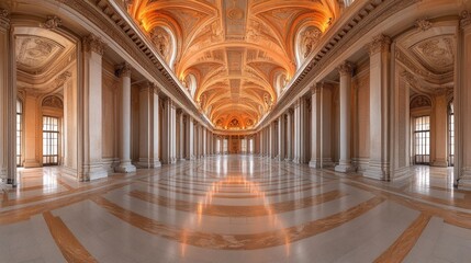 Grand hall with columns, high ceiling, and marble floor.