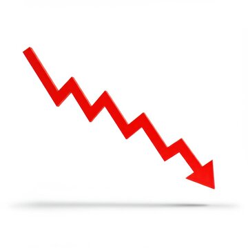 Red arrow trending down isolated on white background. for business, financial, economic, or investment use cases.