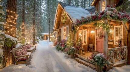 Fototapeta premium Cozy cabin surrounded by snow-covered trees.