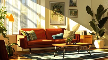 Sunlit living room with orange sofa, plants, and coffee table.
