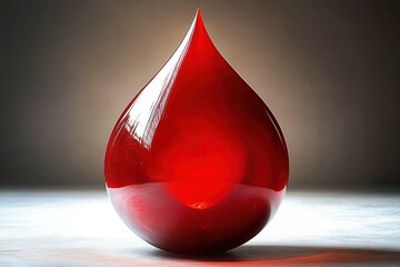 Obraz premium A glossy red teardrop-shaped glass sculpture reflecting light on a smooth surface with a soft gradient background