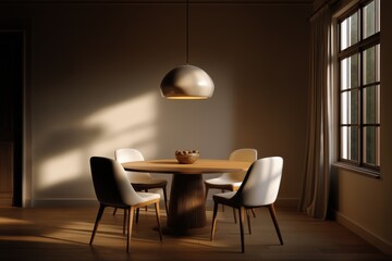 Fototapeta premium realistic minimalist dining room, round wooden table, white chairs, warm daylight from side window, neutral wall, Scandinavian cozy feel