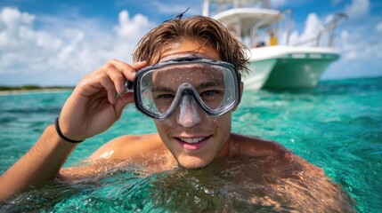 Fototapeta premium A young man smiling while snorkeling in crystal-clear water, enjoying the vibrant marine life