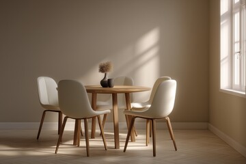 realistic minimalist dining room, round wooden table, white chairs, warm daylight from side window, neutral wall, Scandinavian cozy feel