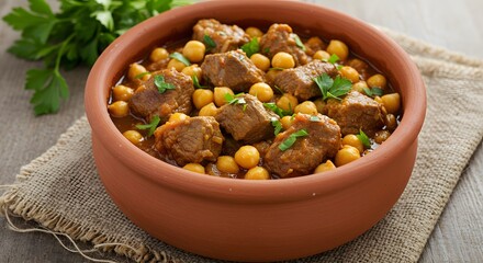 Close up of chickpea and meat stew in a terracotta bowl on burlap surface