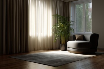 realistic nordic living room, wooden floor, cozy rug, potted plant, neutral tones, daylight through sheer curtain, clean and modern design