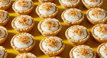 Fototapeta premium Arrangement of mini coconut cream pies on a bright yellow colored background