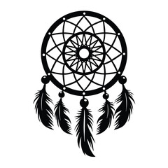 Fototapeta premium Black Silhouette Dreamcatcher Art, Tribal Ornament with Feathers and Beads Design Isolated