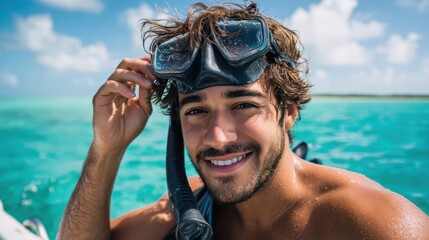 A young man smiles while preparing for a snorkeling adventure in crystal clear waters