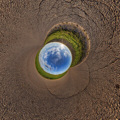 blue hole sphere or globe little planet inside grass or sand or dry ground frame background with...