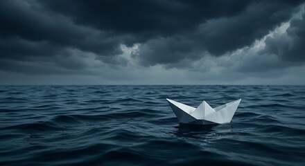 A solitary white paper boat floats on a relatively calm, dark blue sea, while ominous storm clouds gather above, creating a sense of impending challenge or isolation.
