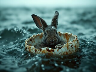 Obraz premium Lost Rabbit, Stormy Sea, Cracked Shell
