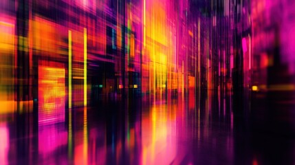 Vibrant abstract digital art depicting colorful vertical streaks and reflections in a futuristic cityscape