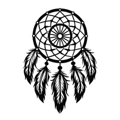 Fototapeta premium Black Dreamcatcher Silhouette with Detailed Feathers, Round Design, White Background