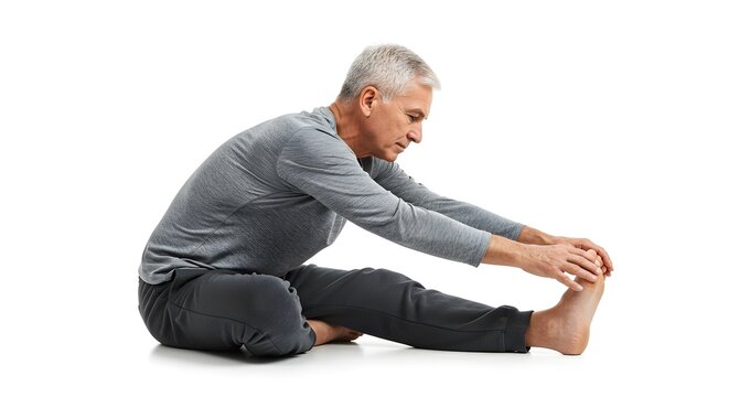 A senior man stretching, seated on the floor, reaching for his toes, isolated on white background.