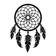 Fototapeta premium Minimalist Black & White Dreamcatcher Silhouette with Detailed Feathers, Circle Motif