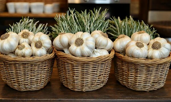 Three woven baskets filled with fresh garlic and herbs on a wooden surface.