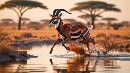 A graceful sable antelope leaps across a tranquil watering hole at sunset, its striking brown and white stripes contrasting beautifully against the warm golden light.