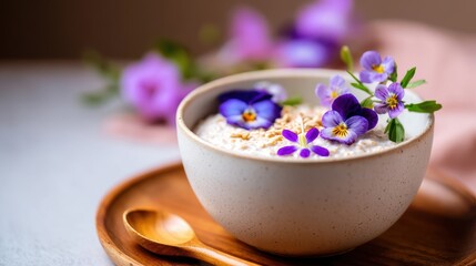 A beautifully arranged bowl of oatmeal topped with vibrant flowers on a wooden tray