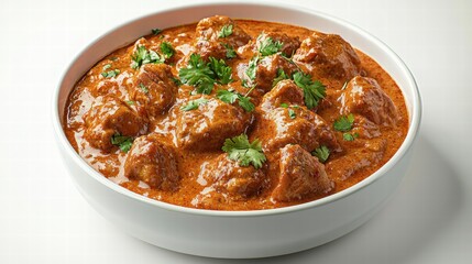 Delicious hearty beef stew with tender meat chunks in rich flavorful gravy garnished with fresh cilantro served in a white bowl on a white background