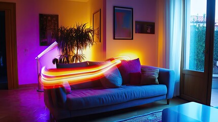 Vibrant light trails illuminate modern living room.