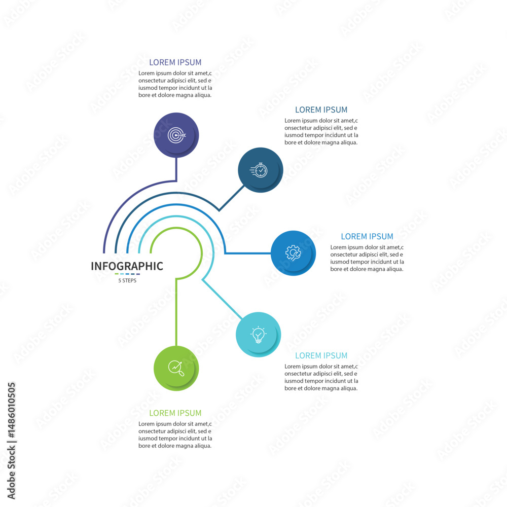 Aufkleber vector infographic label design with circle infographic template design and 5 options or steps.