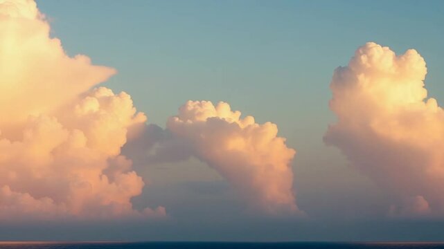 Timelapse fluffy Cumulus clouds moving in bright sunset sky. Abstract aerial nature summer ocean sunset, sea and sky view. Vacation, travel, holiday concept. Weather and Climate Change