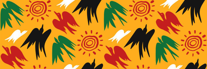 African geometric seamless pattern with hand drawn birds of freedom and sun. Abstract ethnic horizontal background. Juneteenth celebration background. Vector doodle illustration.