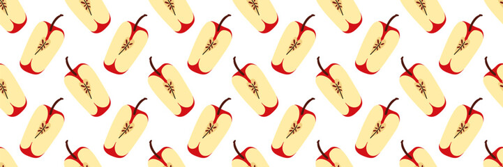Seamless pattern with red apple. Sliced in quarter of an apple. Summer and autumn garden background. Perfect for textile, menu, packaging, kitchen design. Flat vector illustration