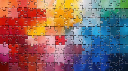 Completed jigsaw puzzle pieces arranged in a colorful gradient from warm reds and yellows to cool blues and greens, evoking a sense of harmony and creativity