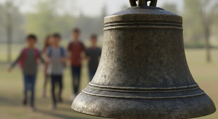 Obraz premium An aged bronze bell stands in the foreground, children run in the background on a sunny day.