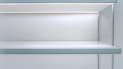 Empty, minimalist shelf with integrated LED lighting, showcasing clean lines and a sleek, modern aesthetic. Ideal for product display or showcasing