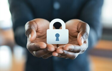 Close-up of hands holding a digital padlock, symbolizing data protection and security.