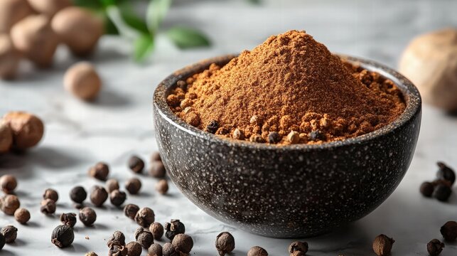 Close-up of a black ceramic bowl filled with ground coffee powder on a marble surface with scattered coffee beans and spices for flavo