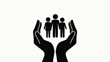 Hands protecting family. Concept of care, security, love, support. Symbol of family welfare, insurance, trust. Children with parents, safe future. Insurance for children, healthy lifestyle.