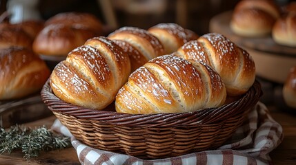 A basket overflowing with warm freshly baked baguettes and pastries