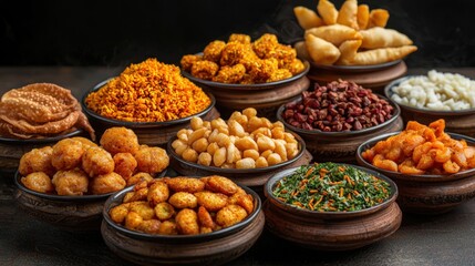 Fototapeta premium Assorted traditional Mexican snacks and fried street food in rustic bowls including plantain chips cheese balls spicy peanuts crispy chicken nuggets and flavored popcorn arranged on a dark background
