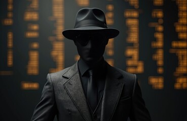 Plakat Mysterious man wearing black mask and hat in a cool pose. Dark gray suit on dark background. Silhouette hacker, anonymous, secret agent at stock trading floor.